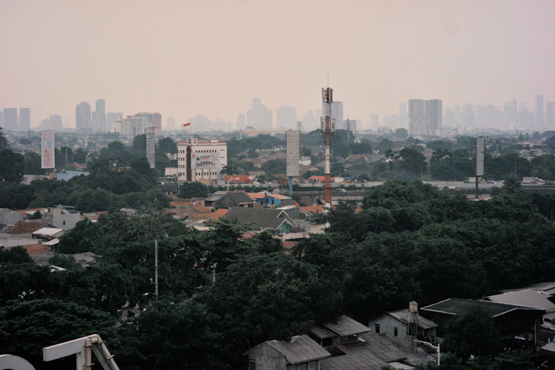 City skyline with trees and buildings under a hazy sky